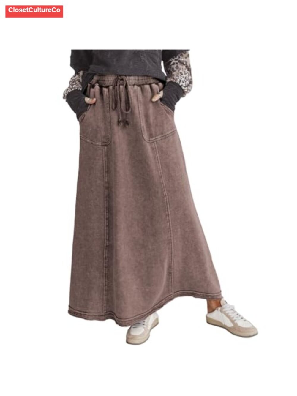 High Waist Acid Wash Maxi Skirt A-Line Flowy Boho Cotton Blend